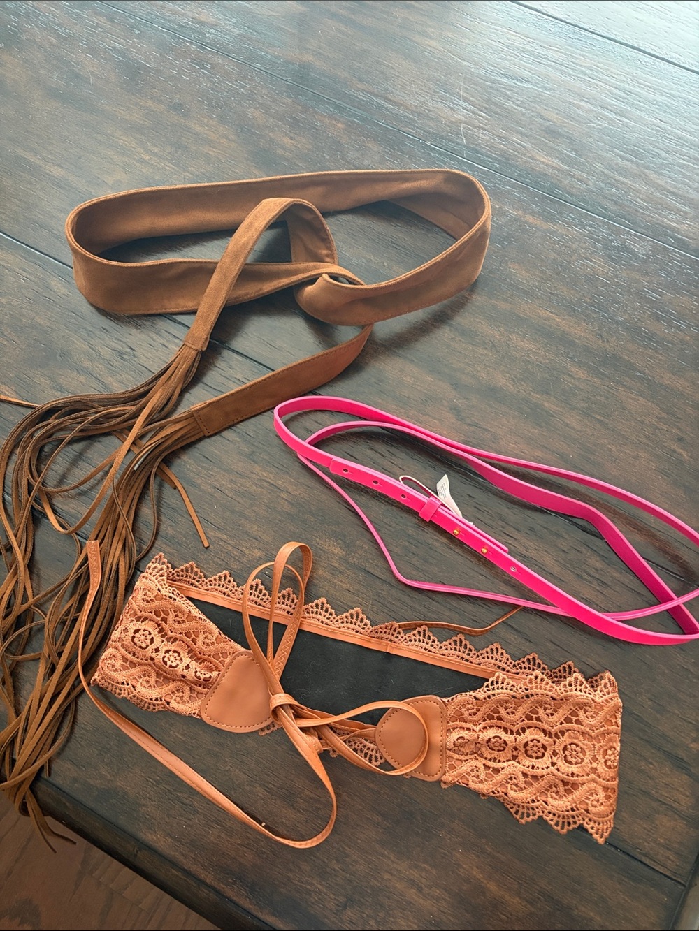 Boho Lace Waist Belt and Assorted Wrap Belts - Tan & Hot Pink